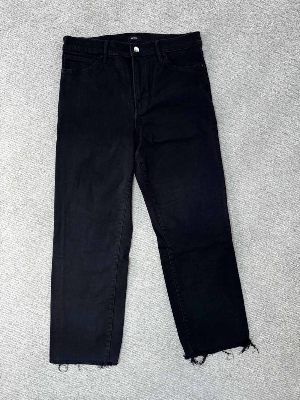 Express Women’s Black High Rise Straight-Ankle Stretch Jeans with Raw Hem